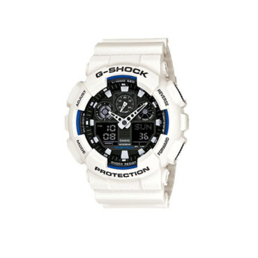 Relogio-casio-gshock-GA-100B-7A Relógio Casio G-SHOCK GA-100B-7ADR branco com detalhes azuis, mostrador analógico-digital e pulseira de borracha branca, vista frontal