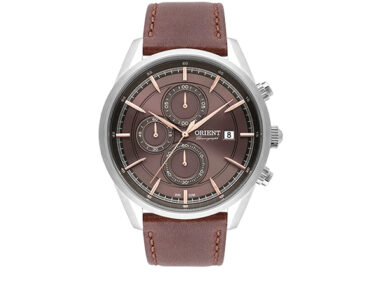 Relógio Orient Masculino MBSCC053 com mostrador marrom e cronógrafo, caixa em aço inox e pulseira de couro marrom, vista frontal.