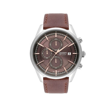 Relógio-Orient-Masculino-MBSCC053 Relógio Orient Masculino MBSCC053 com mostrador marrom e cronógrafo, caixa em aço inox e pulseira de couro marrom, vista frontal.