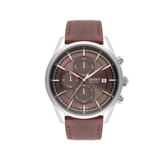 Relógio-Orient-Masculino-MBSCC053 Relógio Orient Masculino MBSCC053 com mostrador marrom e cronógrafo, caixa em aço inox e pulseira de couro marrom, vista frontal.