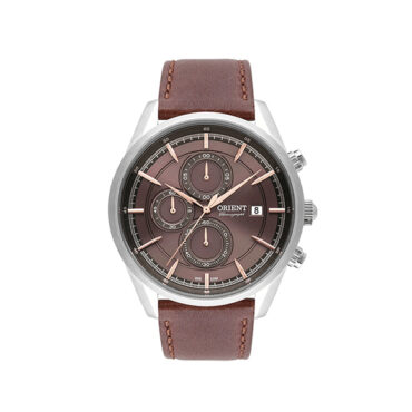 relogio-orient-mbscc053 Relógio Orient Masculino MBSCC053 com mostrador marrom e cronógrafo, caixa em aço inox e pulseira de couro marrom, vista frontal.
