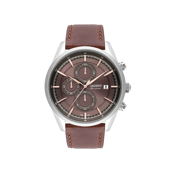relogio-orient-mbscc053 Relógio Orient Masculino MBSCC053 com mostrador marrom e cronógrafo, caixa em aço inox e pulseira de couro marrom, vista frontal.