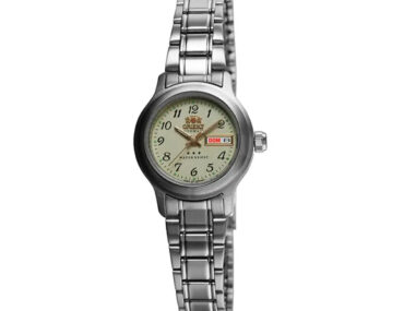 Relógio Orient Feminino Automático 559WA6NH com mostrador champanhe, números arábicos, calendário duplo e pulseira em aço inox, vista frontal.