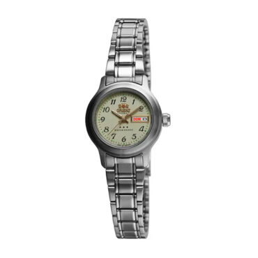 relogio-orient-559wa6nh Relógio Orient Feminino Automático 559WA6NH com mostrador champanhe, números arábicos, calendário duplo e pulseira em aço inox, vista frontal.