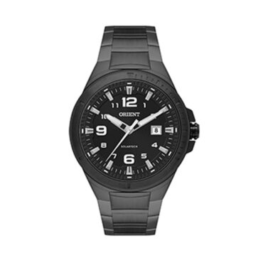 relogio-orient-mpss1067 Relógio Orient Masculino MPSS1067 Solartech com caixa e bracelete em aço preto, mostrador preto com números arábicos e calendário, vista frontal.