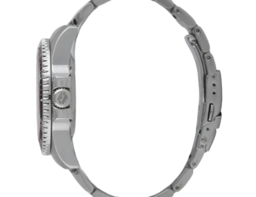Vista lateral do Relógio Orient Masculino Automático NH3SS010 exibindo bisel giratório preto, coroa e bracelete em aço inox.