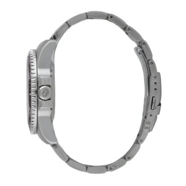 relogio-orient-nh3ss010-2 Vista lateral do Relógio Orient Masculino Automático NH3SS010 exibindo bisel giratório preto, coroa e bracelete em aço inox.