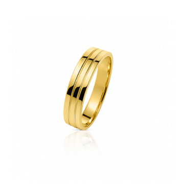 ALIANÇA-OURO-FRISOS Foto do Par de Alianças Ouro 4,5mm Anatômica cravejada com 1 brilhante central na feminina e masculina lisa com friso para casamento e noivado.