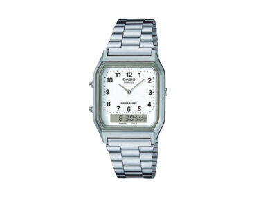 Foto do Relógio Casio Vintage AQ-230A-7B prata original retangular ana-digi com pulseira aço inoxidável para uso unissex retrô.