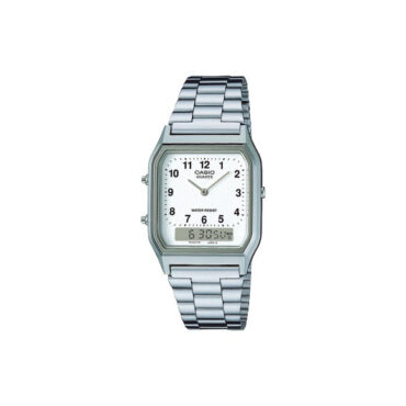 RELOGIO-CASIO-AQ-230A-7BMQ Foto do Relógio Casio Vintage AQ-230A-7B prata original retangular ana-digi com pulseira aço inoxidável para uso unissex retrô.