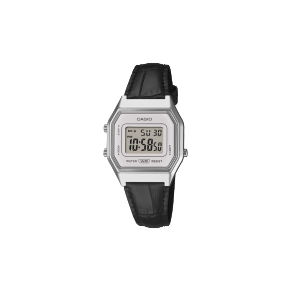 RELOGIO-CASIO-LA680WEL-1 Foto do Relógio Casio Vintage LA680WEL-1 prata preto original quadrado com pulseira couro legítimo e LED backlight para uso unissex retrô.