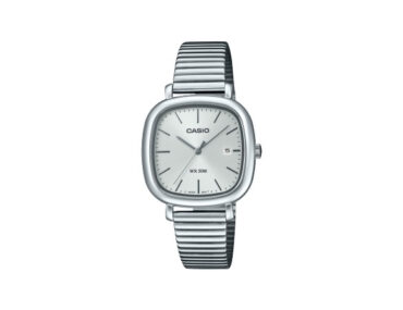 Foto do Relógio Casio Standard LTP-B166D-7A prata branco original quadrado aço inoxidável mostrador metálico para uso feminino elegante clássico.