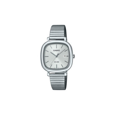 RELOGIO-CASIO-LTP-B166D-7AV Foto do Relógio Casio Standard LTP-B166D-7A prata branco original quadrado aço inoxidável mostrador metálico para uso feminino elegante clássico.