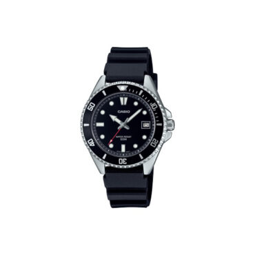 RELOGIO-CASIO-MDV-10-1A1V Foto do Relógio Casio Duro MDV-10-1A1 preto prata original diver aço inoxidável com pulseira resina preta e mostrador preto para uso unissex esportivo.
