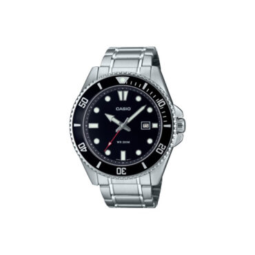 RELOGIO-CASIO-MDV-107D-1A1V Foto do Relógio Casio Duro MDV-107D-1A1 preto prata original diver aço inoxidável com bezel giratório preto anti-reverse e resistência 200m para uso masculino esportivo.