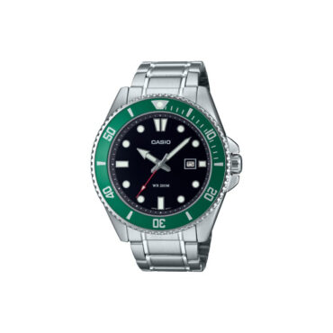RELOGIO-CASIO-MDV-107D-3AV Foto do Relógio Casio Duro MDV-107D-3A verde prata original diver aço inoxidável com bezel giratório verde estilo Starbucks e resistência 200m para uso masculino esportivo.