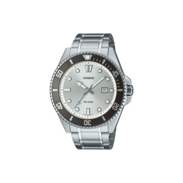 RELOGIO-CASIO-MDV-107D-7AV Foto do Relógio Casio Duro MDV-107D-7A prata cinza original diver aço inoxidável com bezel giratório e resistência 200m para uso masculino esportivo.