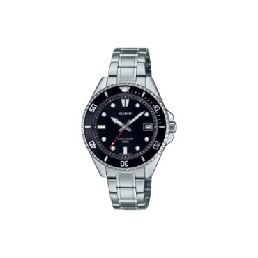 RELOGIO-CASIO-MDV-10D-1A1V Foto do Relógio Casio Duro MDV-10D-1A1 preto prata original diver aço inoxidável polido com bezel giratório preto anti-reverse e ponteiros luminescentes para uso unissex esportivo.