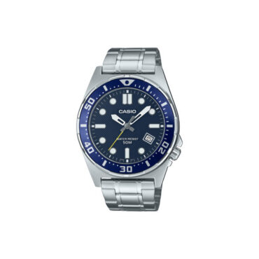 RELOGIO-CASIO-MTD-135D-2AV Foto do Relógio Casio Standard MTD-135D-2A prata azul original esportivo aço inoxidável com mostrador azul e resistência 50m para uso masculino diver-style.