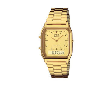 Foto do Relógio Casio Vintage AQ-230GA-9D dourado original retangular ana-digi com pulseira aço inoxidável dourado hybrid para uso unissex retrô elegante.