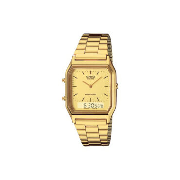 RELOGIO-CASIO-MTD-AQ-230GA-9DMQ Foto do Relógio Casio Vintage AQ-230GA-9D dourado original retangular ana-digi com pulseira aço inoxidável dourado hybrid para uso unissex retrô elegante.