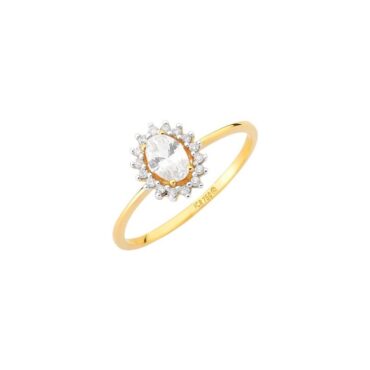anel-ouro-pedra-branca Foto do Anel Ouro 18K oval com topázio branco original feminino solitário clássico com pedra oval lapidação cristalina para uso elegante.