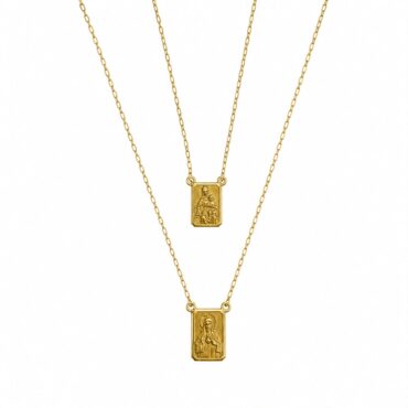 escapulario-ouro-18k Foto do Escapulário Ouro 18K corrente cartier 60cm original com medalhas duplas espelhadas polidas do Sagrado Coração de Jesus e Nossa Senhora do Carmo para uso religioso.