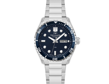 Foto do Relógio Technos Automático 8205OX/1A prata azul original diver com pulseira aço inoxidável mostrador azul profundo e movimento Miyota 8205 para uso masculino esportivo.