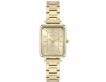 Foto do Relógio Technos Mini GL32AM/1X dourado quadrado original feminino 20mm com mostrador champanhe pedras nos marcadores e pulseira aço inoxidável dourada.