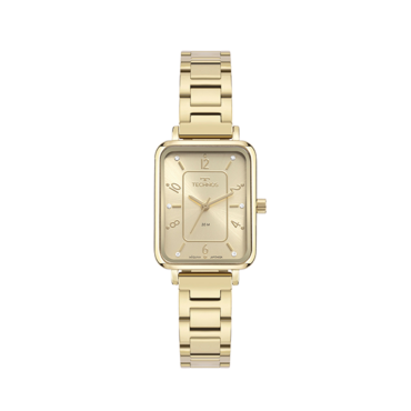 relogio-technos-GL32AM1X Foto do Relógio Technos Mini GL32AM/1X dourado quadrado original feminino 20mm com mostrador champanhe pedras nos marcadores e pulseira aço inoxidável dourada.