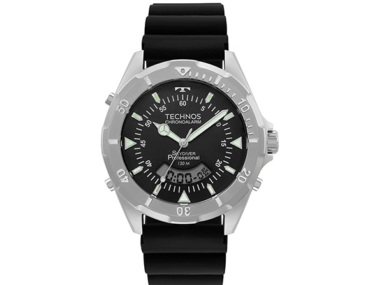 Foto do Relógio Technos Skydiver WT2050AYN/2P prata preto original masculino ana digi com pulseira silicone preta aro giratório e resistência 150m para uso esportivo.