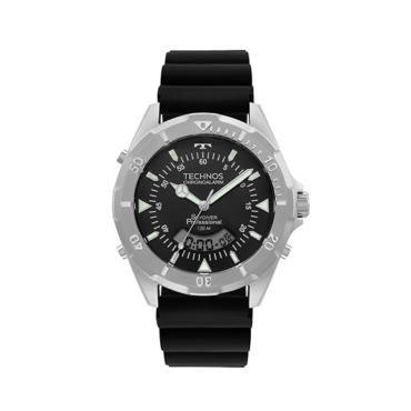 relogio-technos-WT2050AYN2P Foto do Relógio Technos Skydiver WT2050AYN/2P prata preto original masculino ana digi com pulseira silicone preta aro giratório e resistência 150m para uso esportivo.