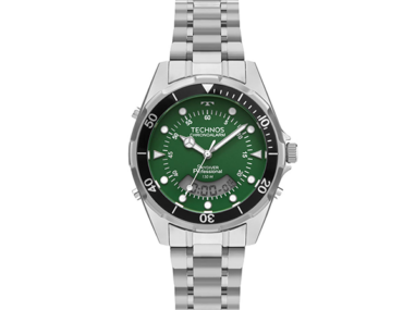 Foto do Relógio Technos Skydiver WT2060AB/1V prata original masculino ana digi com pulseira aço inoxidável mostrador preto e resistência 150m para uso esportivo.