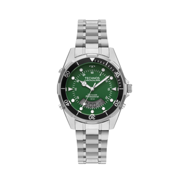 relogio-technos-WT2060AB1V Foto do Relógio Technos Skydiver WT2060AB/1V prata original masculino ana digi com pulseira aço inoxidável mostrador preto e resistência 150m para uso esportivo.