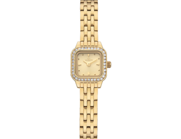 Foto do Relógio Technos Mini Petit 1042AC/1X dourado quadrado original feminino 15mm joia com pulseira aço inoxidável dourada para uso elegante delicado.