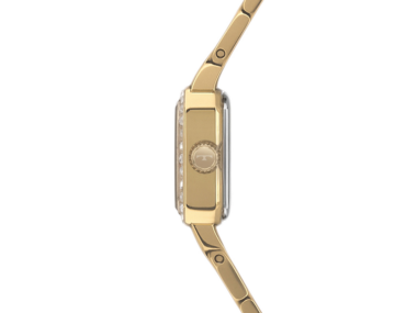 Foto do Relógio Technos Mini Petit 1042AC/1X dourado quadrado original feminino 15mm joia com pulseira aço inoxidável dourada para uso elegante delicado.
