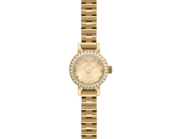 Foto do Relógio Technos Mini Petit 1042AC/1X dourado original feminino 15mm redondo joia com pulseira aço inoxidável dourada para uso elegante delicado.
