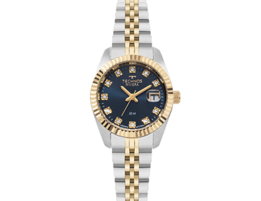 Foto do Relógio Technos Riviera 2015CEM/1A dourado original feminino com mostrador azul marcadores cristais bezel serrilhado e pulseira aço inoxidável dourada.
