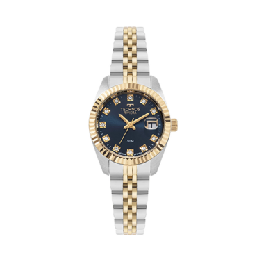 relogio-technos-feminino-2015CEM1A Foto do Relógio Technos Riviera 2015CEM/1A dourado original feminino com mostrador azul marcadores cristais bezel serrilhado e pulseira aço inoxidável dourada.
