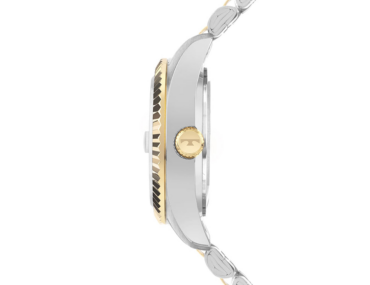 Foto do Relógio Technos Riviera 2015CEM/1A dourado original feminino com mostrador azul marcadores cristais bezel serrilhado e pulseira aço inoxidável dourada.