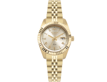Foto do Relógio Technos Riviera 2015CEO/1X dourado original feminino com mostrador dourado numeração romana bezel corrugado pulseira aço inoxidável 5 links.