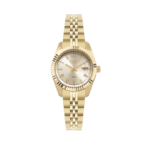 relogio-technos-feminino-2015CEO1X Foto do Relógio Technos Riviera 2015CEO/1X dourado original feminino com mostrador dourado numeração romana bezel corrugado pulseira aço inoxidável 5 links.