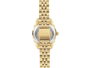Foto do Relógio Technos Riviera 2015CEO/1X dourado original feminino com mostrador dourado numeração romana bezel corrugado pulseira aço inoxidável 5 links.