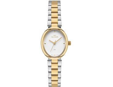 Foto do Relógio Technos Mini 2035NEE/1K bicolor prata dourado original feminino oval 21mm com pulseira aço inoxidável 3 links minimalista.