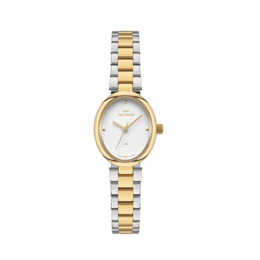 relogio-technos-feminino-2035NEE1K Foto do Relógio Technos Mini 2035NEE/1K bicolor prata dourado original feminino oval 21mm com pulseira aço inoxidável 3 links minimalista.