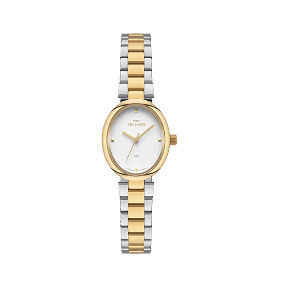 relogio-technos-feminino-2035NEE1K Foto do Relógio Technos Mini 2035NEE/1K bicolor prata dourado original feminino oval 21mm com pulseira aço inoxidável 3 links minimalista.