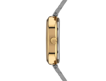 Foto do Relógio Technos Mini 2035NEE/1K bicolor prata dourado original feminino oval 21mm com pulseira aço inoxidável 3 links minimalista.