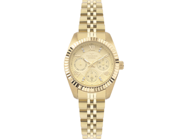 Foto do Relógio Technos Crystal VX3JAF/1X dourado original feminino com mostrador dourado cristais brilhantes e pulseira aço inoxidável dourada para uso elegante.