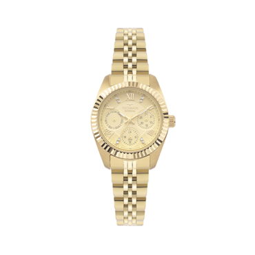relogio-technos-feminino-VX3JAF1X Foto do Relógio Technos Crystal VX3JAF/1X dourado original feminino com mostrador dourado cristais brilhantes e pulseira aço inoxidável dourada para uso elegante.