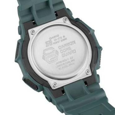 Relogio-casio-gshock-GA-010-2A_3 Foto do relógio Casio G-Shock GA-010-2A azul-acinzentado original com caixa Carbon Core Guard, botão frontal grande e mostrador analógico-digital para uso masculino esportivo.